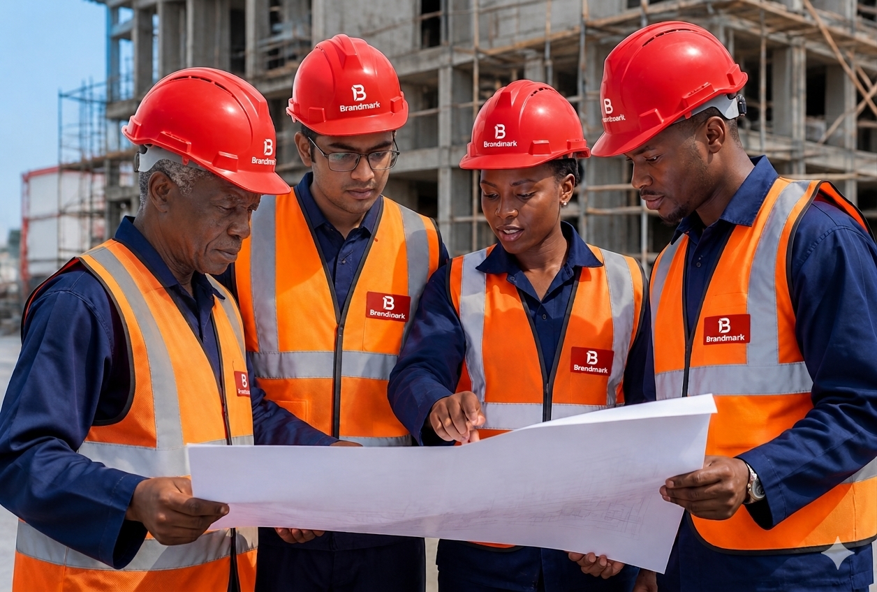Brandmark engineers and supervisors reviewing drawings on a construction site